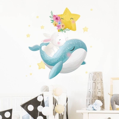 Bunny Rabbit on Whale Wall Decal: Nursery Decor