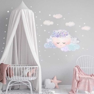 Purple Flower Sleeping Moon Clouds and Stars Wall Sticker