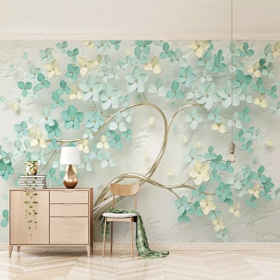 Liven Up Your Living Room with Flowers on Tree Wallpaper