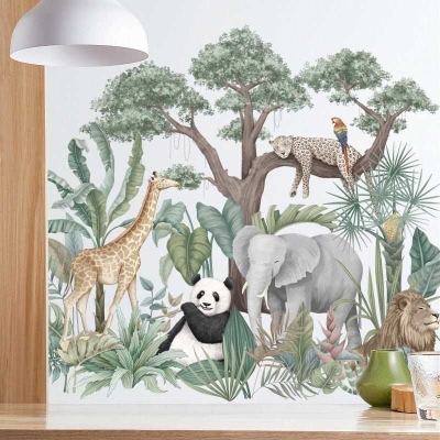 Forest Animal Large Tree Wall Stickers | Nursery Room Jungle Wall Decals | Woodland Jungle Theme Wall Decal